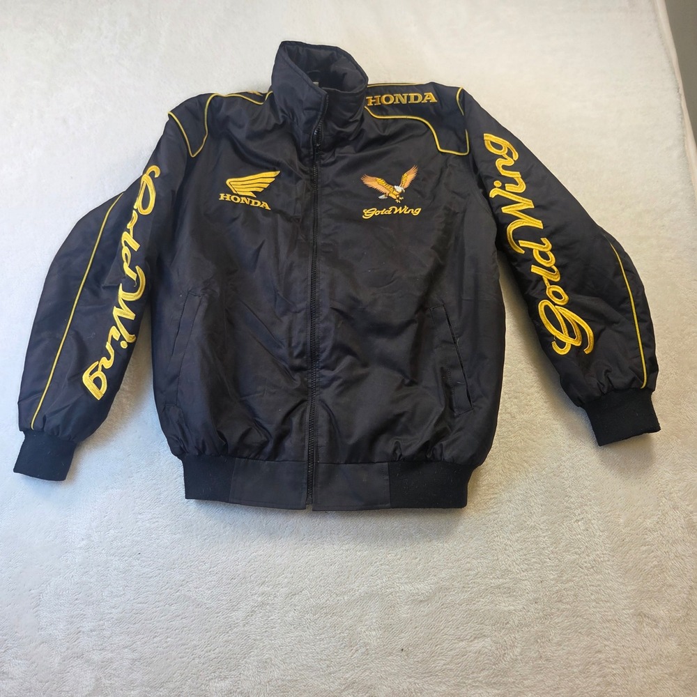 Honda Gold Wing Motorcycle Jacket Mens SZ Med Blk Yellow Embroidered Bomber Zip